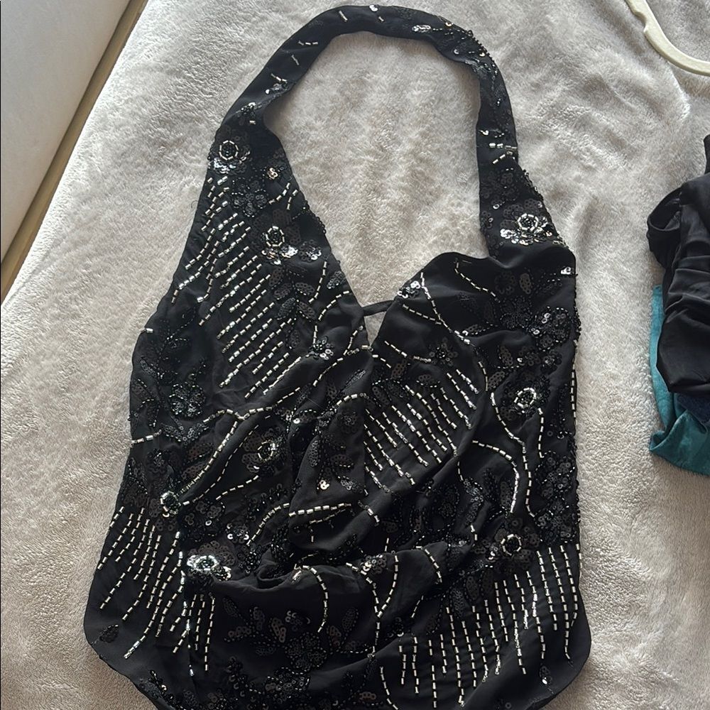 Peppermayo Elegant Black Beaded Women's halter backless top US4